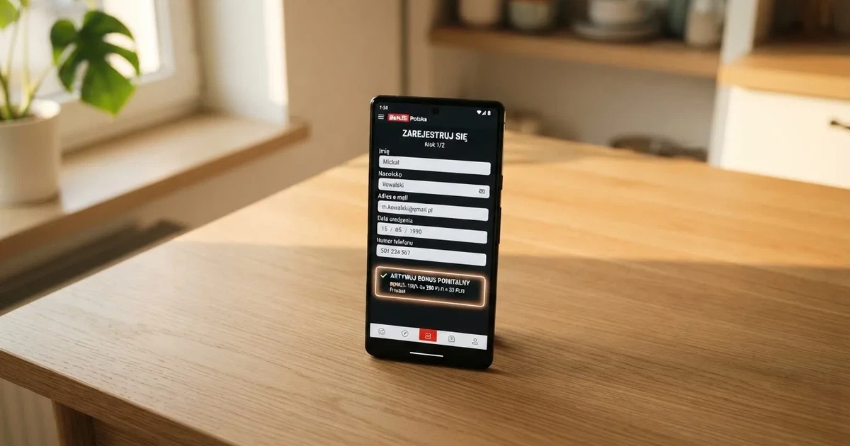 Smartfon z formularzem zakładania konta gracza i zakładką aktywacji środków bonusowych w sekcji konta
