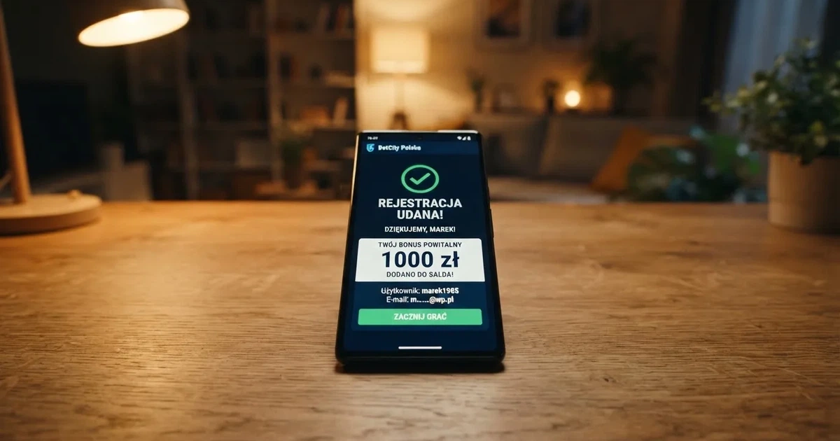 Ekran smartfona z ukończonym formularzem rejestracji konta gracza i saldem środków bonusowych obok salda Dostępne Środki