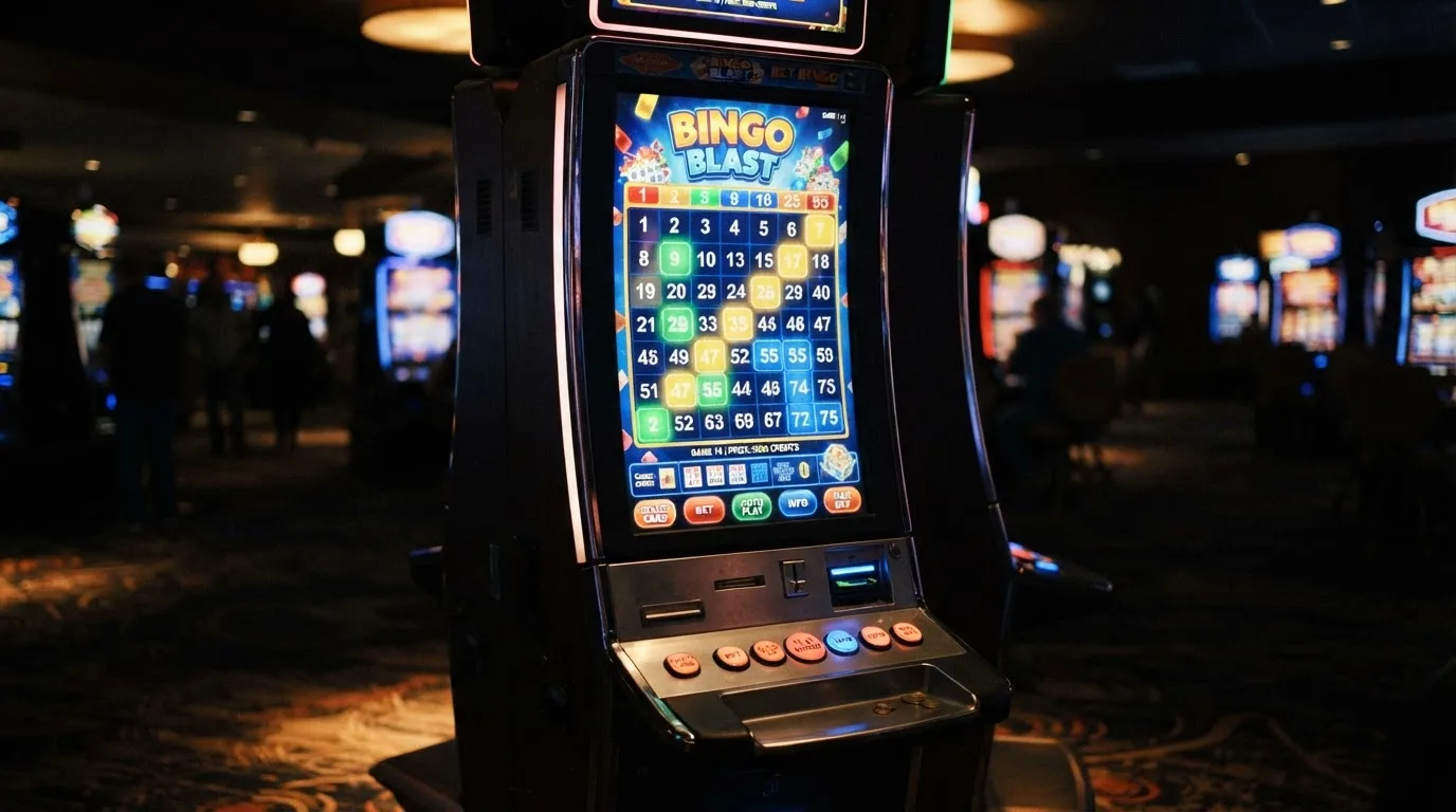 Ekran automatu do gry z kolorową planszą w stylu bingo i podświetlonymi liczbami
