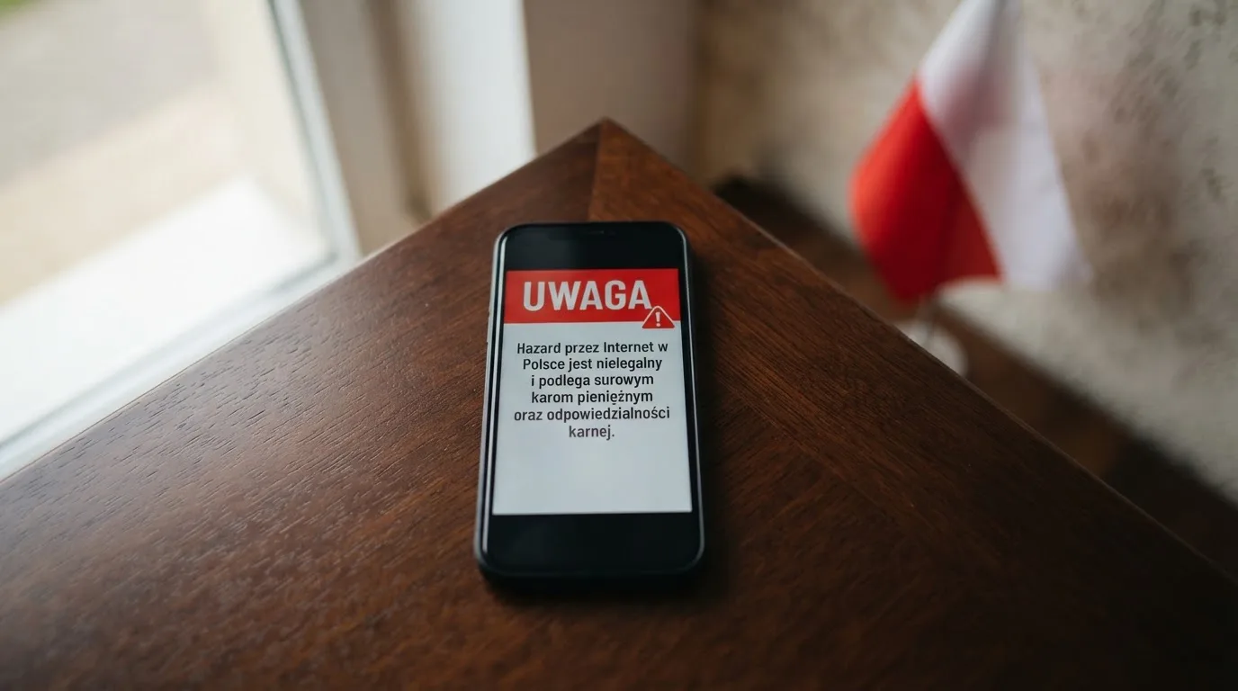 Dłoń trzymająca telefon z widocznym komunikatem ostrzegawczym o legalności hazardu online na tle biało-czerwonej flagi Polski.