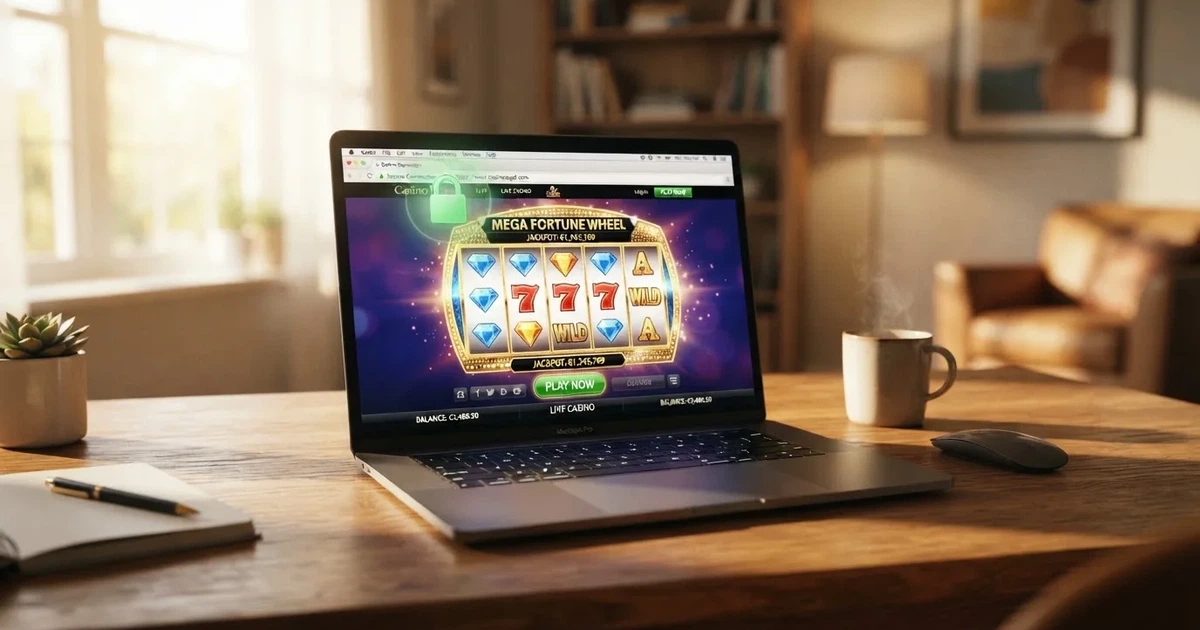 Laptop na biurku z otwartą stroną kasyna internetowego i ikoną kłódki szyfrowania w pasku adresu przeglądarki
