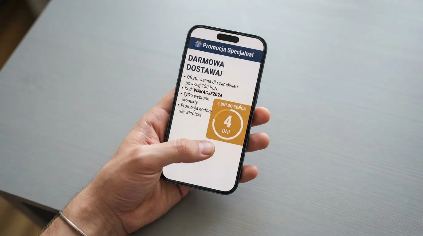 Zbliżenie na telefon z listą warunków promocji i licznikiem odliczającym dni do końca oferty