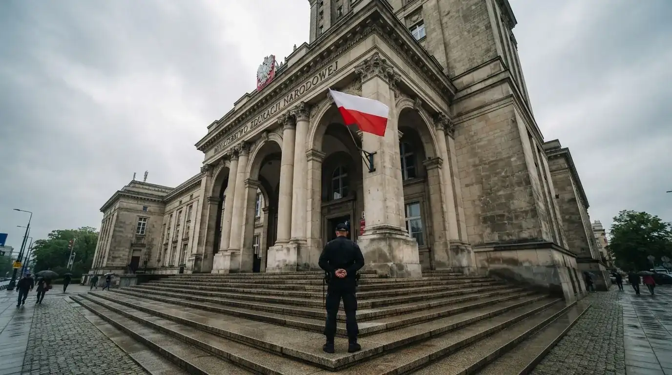 Fasada budynku instytucji państwowej z flagą Polski, symbol nadzoru regulatora nad rynkiem gier hazardowych