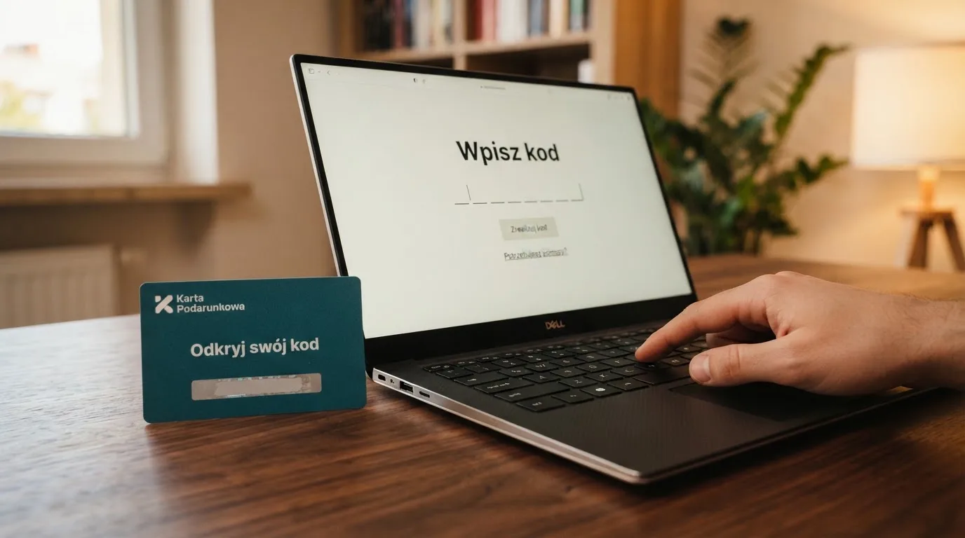 Karta przedpłacona Paysafecard z zasłoniętym polem kodu PIN obok klawiatury laptopa
