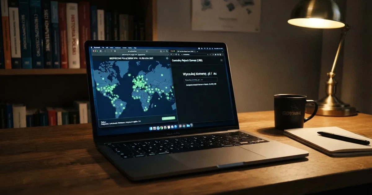 Laptop na biurku z włączoną aplikacją VPN i mapą serwerów w kilku krajach obok otwartej przeglądarki