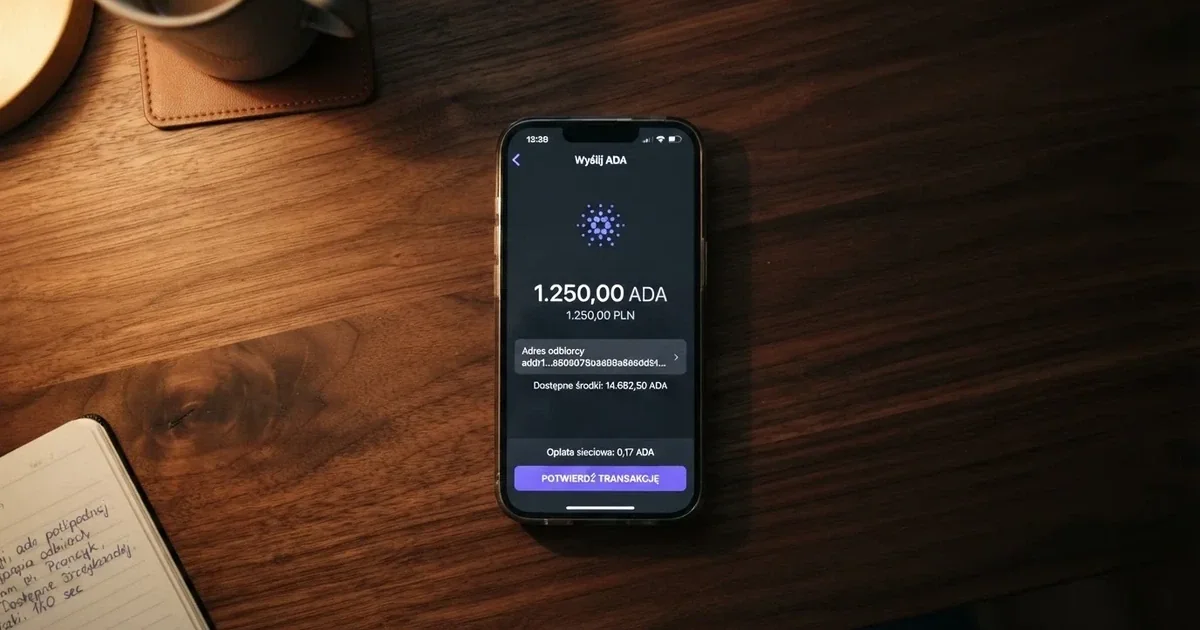 Ekran aplikacji portfela kryptowalutowego w trakcie wysyłania przelewu w sieci Cardano (ADA)