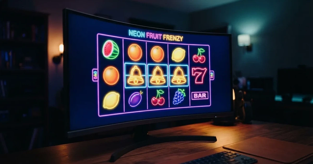 Ekran otwierający automat online z kolorowymi symbolami owoców na wirtualnych bębnach, bez logo żadnego konkretnego kasyna