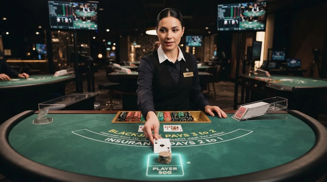 Krupier rozdający karty przy stole blackjacka podczas transmisji na żywo
