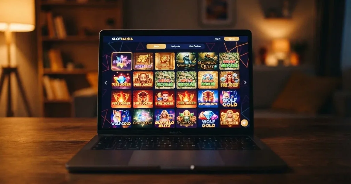 widok lobby wirtualnego kasyna na ekranie laptopa z rzędami ikon gier automatów