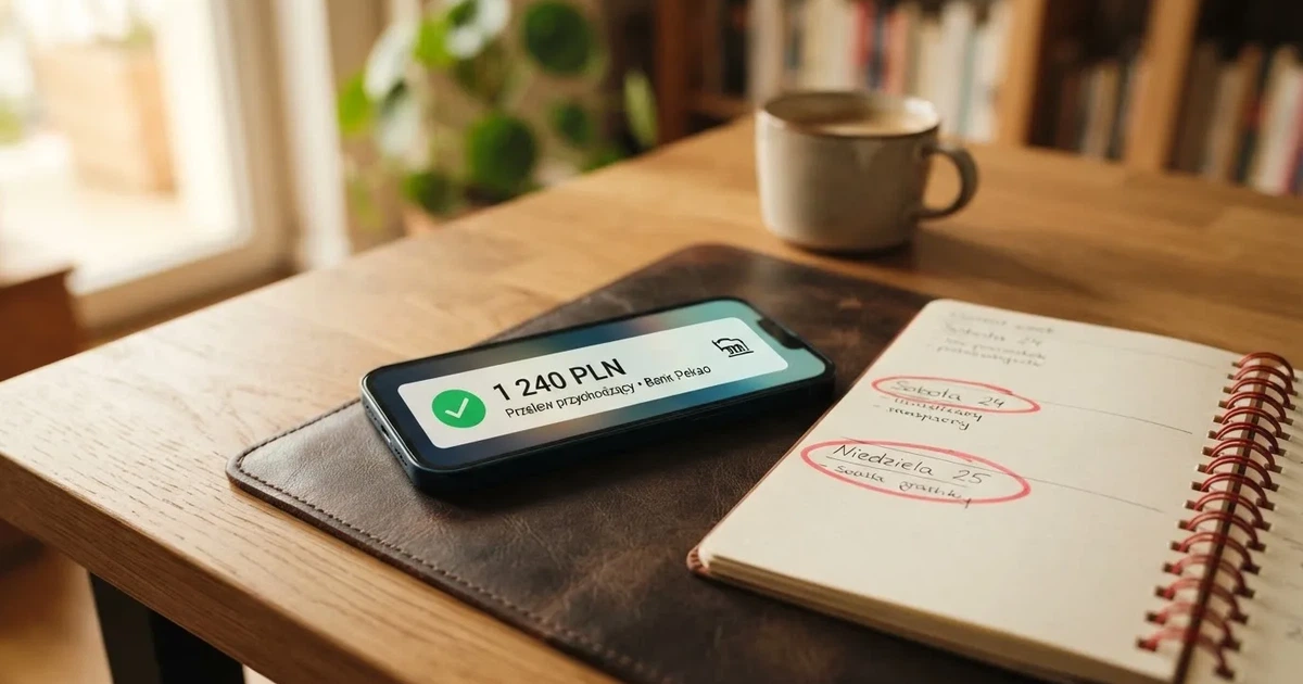 Smartfon z powiadomieniem o zaksięgowanym przelewie przychodzącym, obok papierowy kalendarz z zakreśloną sobotą i niedzielą