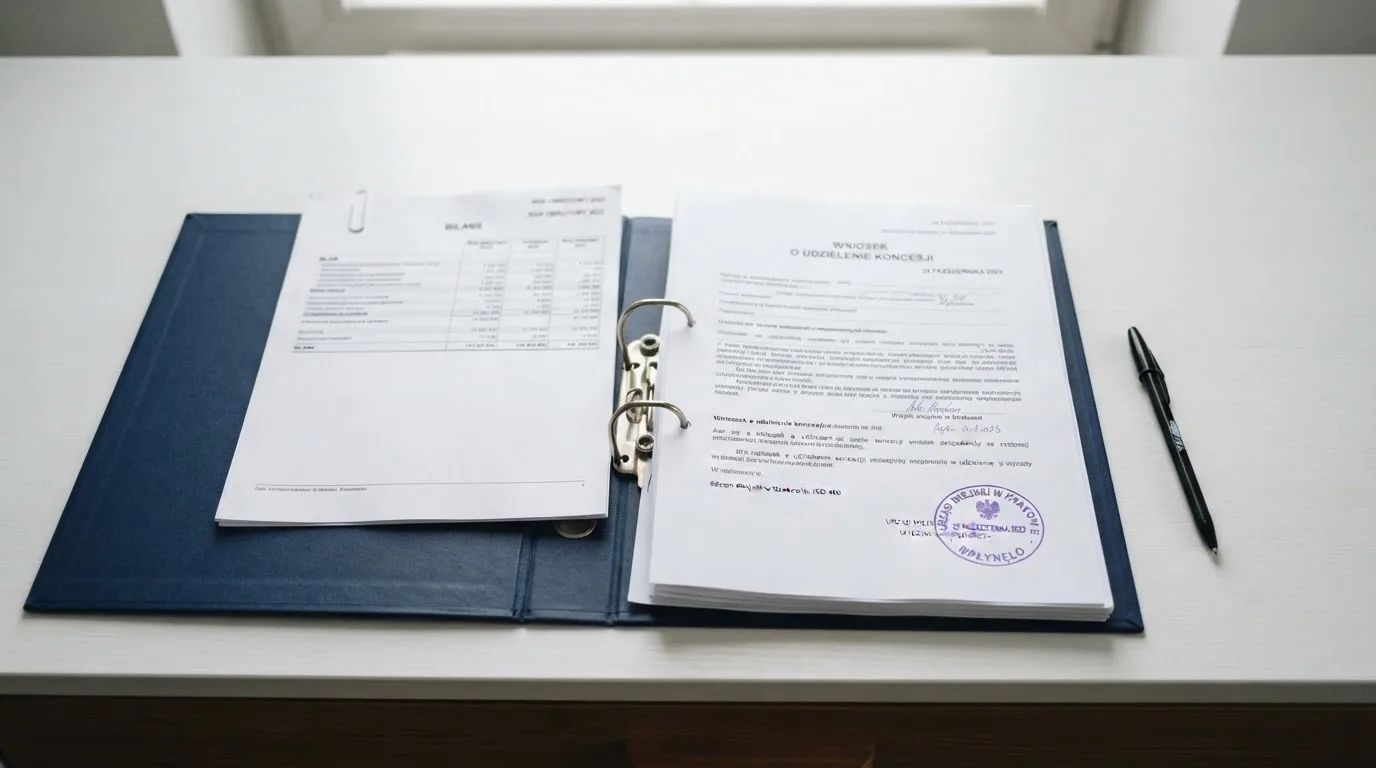 Segregator z wnioskiem o koncesję na kasyno gry, wydrukiem sprawozdania finansowego i urzędową pieczątką leżący na biurku