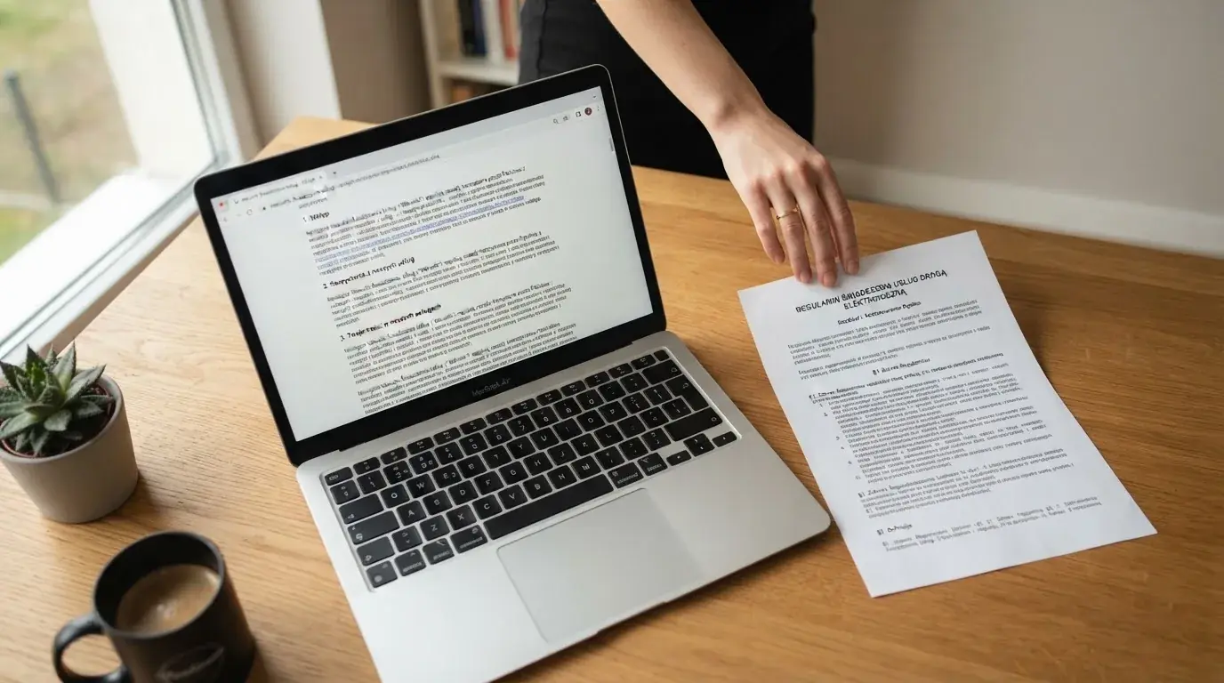 Dokument regulaminu operatora kasyna online rozłożony obok laptopa z otwartą stroną warunków gry