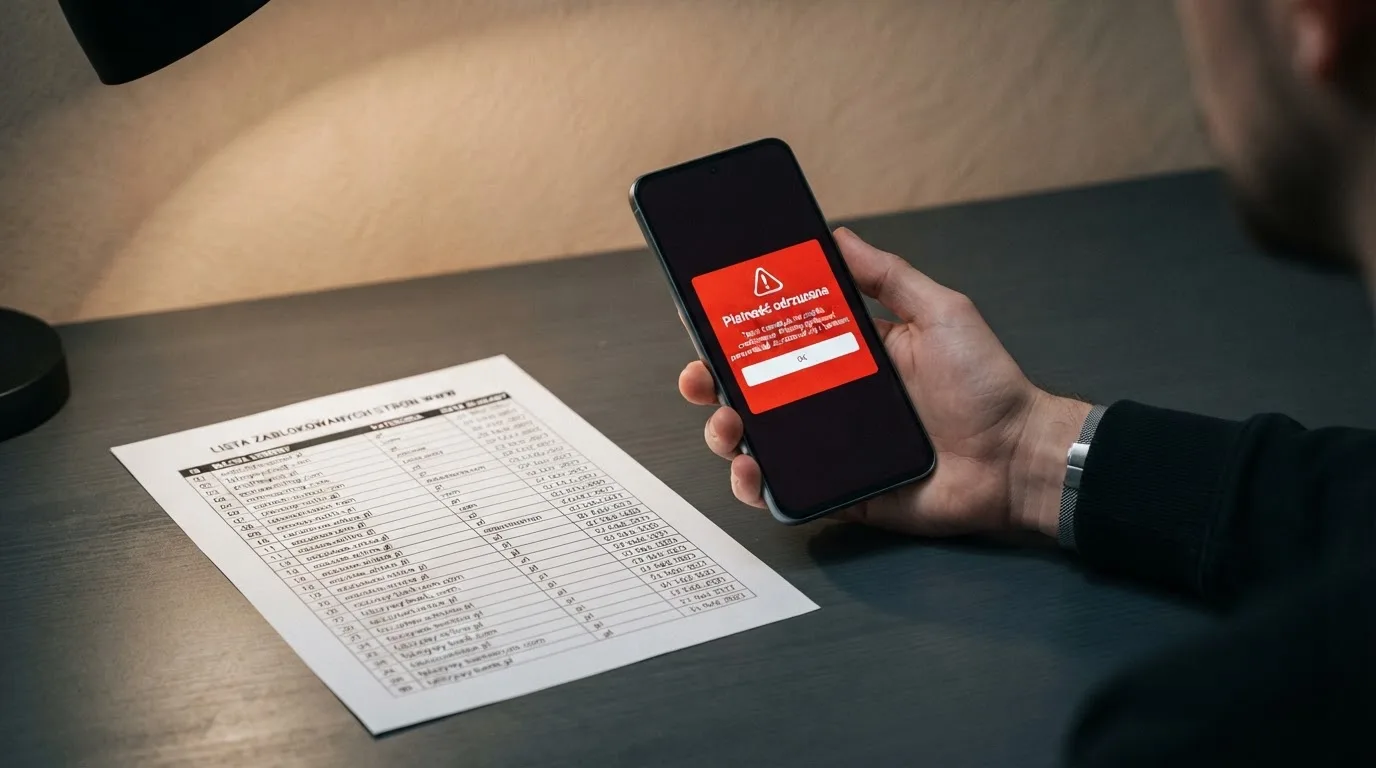 Telefon z komunikatem o odrzuconej płatności na ekranie, obok wydruk tabeli z listą zablokowanych adresów stron