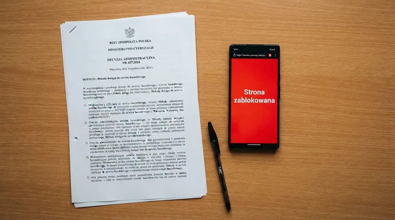 Biurko z wydrukiem ustawy o grach hazardowych i telefonem wyświetlającym komunikat o zablokowanej stronie kasyna