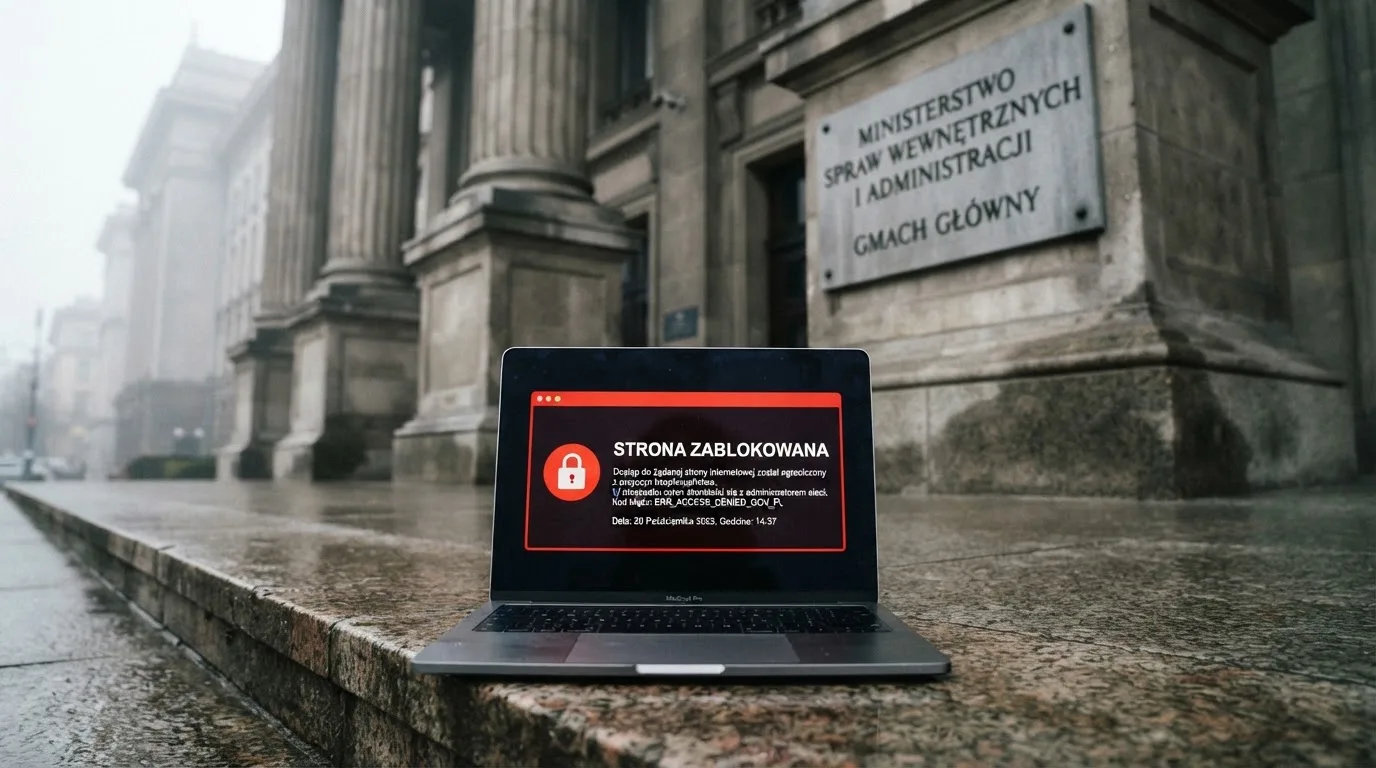 Budynek urzędu z tablicą ministerstwa, na pierwszym planie laptop z komunikatem o zablokowanej stronie kasyna