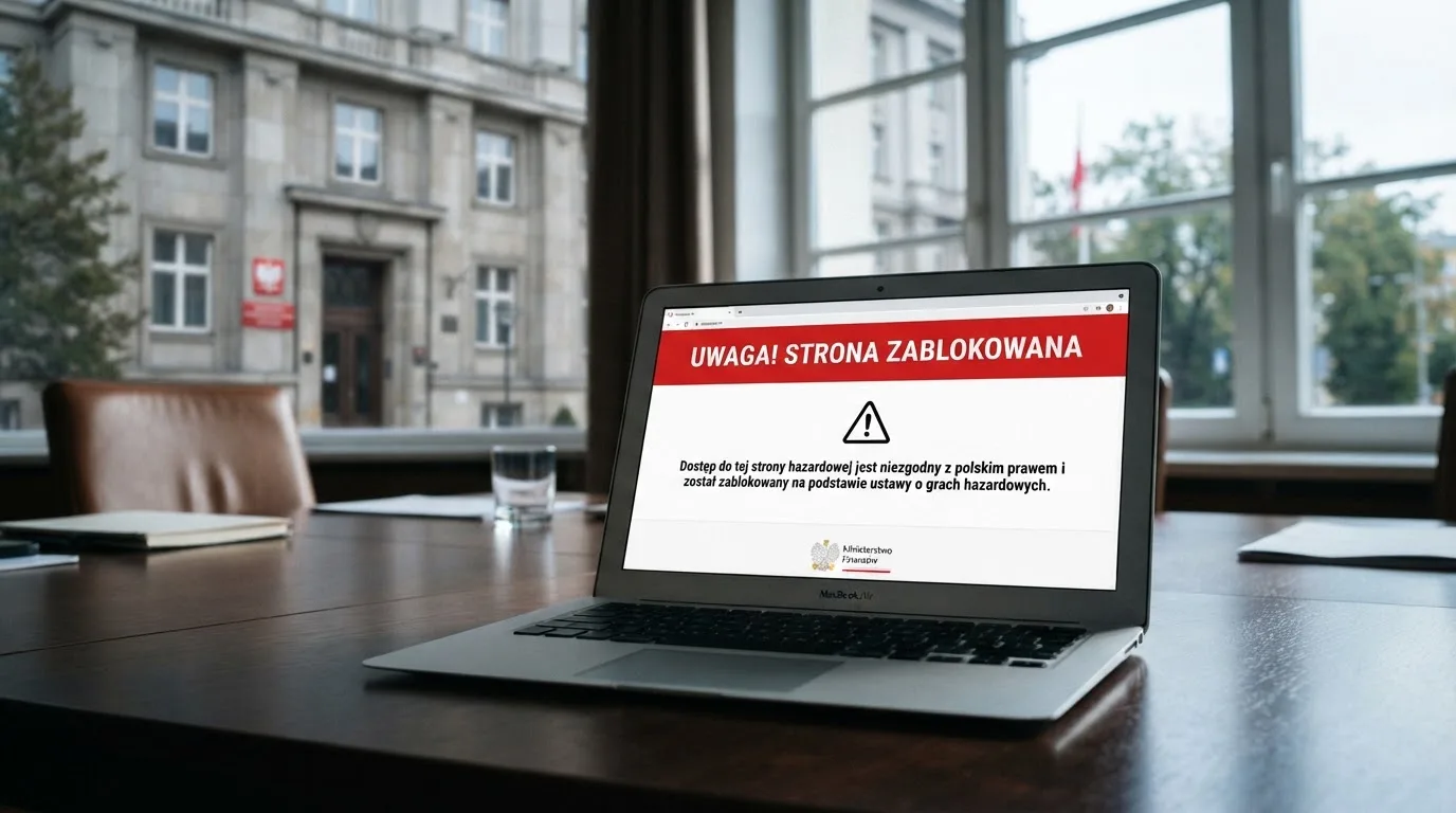 Laptop z komunikatem o zablokowanej stronie hazardowej, w tle budynek urzędu z tablicą ministerstwa