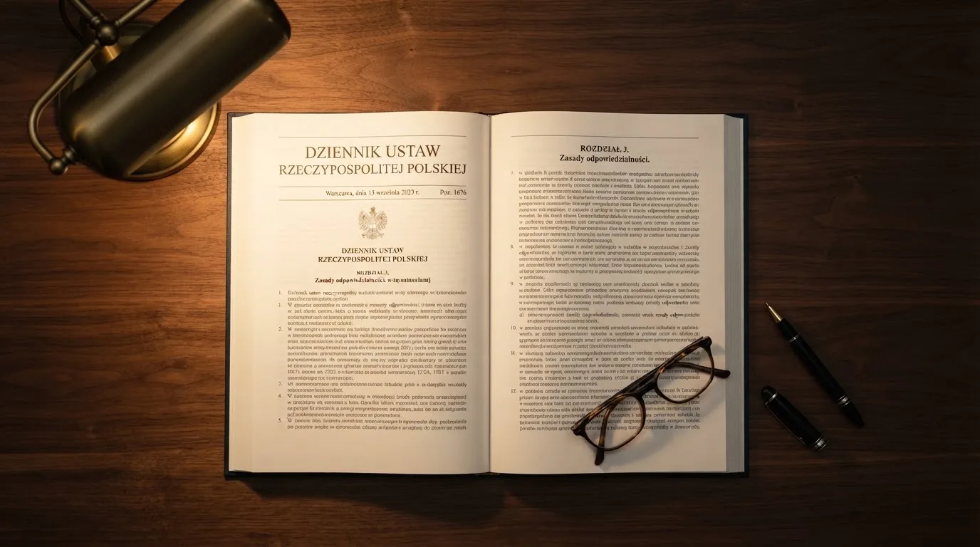 Wydrukowany tekst ustawy o grach hazardowych otwarty na artykule 5, obok okularów i długopisu na biurku