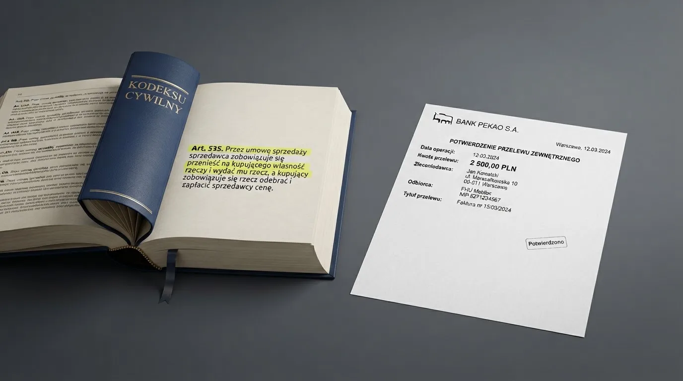 Otwarty tekst ustawy o grach hazardowych z zakreślonym artykułem, obok wydruku potwierdzenia przelewu wygranej