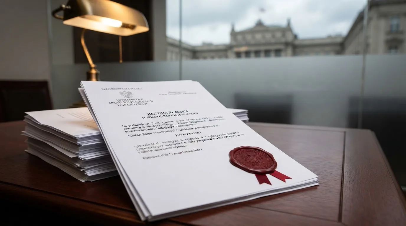 Stos dokumentów urzędowych i pieczęć na biurku, w tle sylwetka budynku administracji publicznej