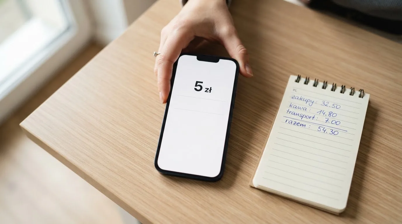 Dłoń trzymająca telefon z ekranem pokazującym jedną kwotę minimalnej wpłaty w złotych, obok notatnik z odręcznymi obliczeniami.