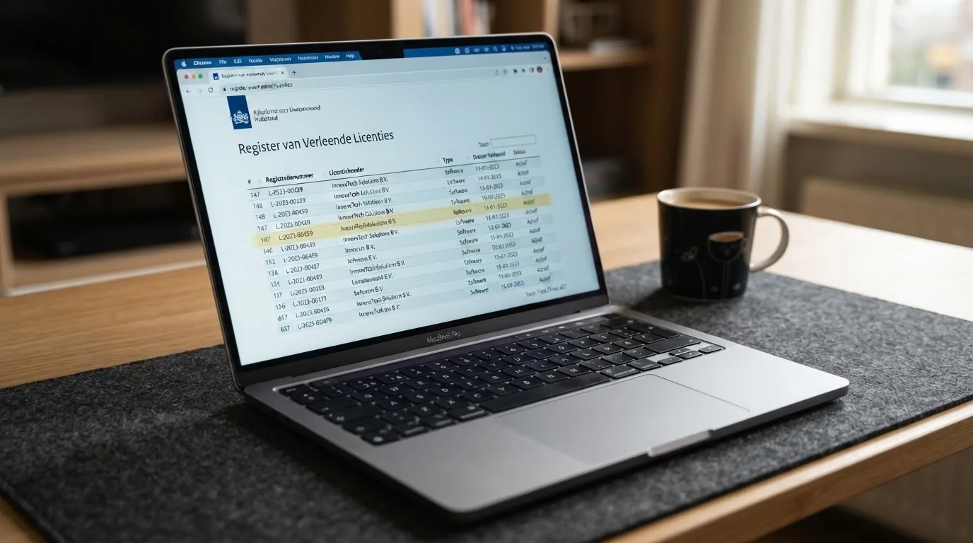 Ekran laptopa z otwartym rejestrem licencji regulatora z Curaçao, w którym jeden wiersz zaznaczono żółtym podświetleniem