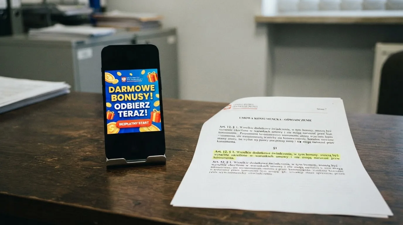 Telefon z banerem obiecującym darmowe złotówki za założenie konta, obok wydrukowany tekst ustawy o grach hazardowych z zaznaczonym artykułem