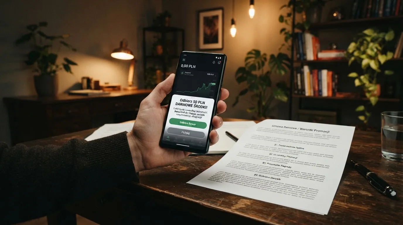 Telefon z wyskakującym banerem obiecującym darmowe złotówki za rejestrację, obok wydruk ustawy o grach hazardowych