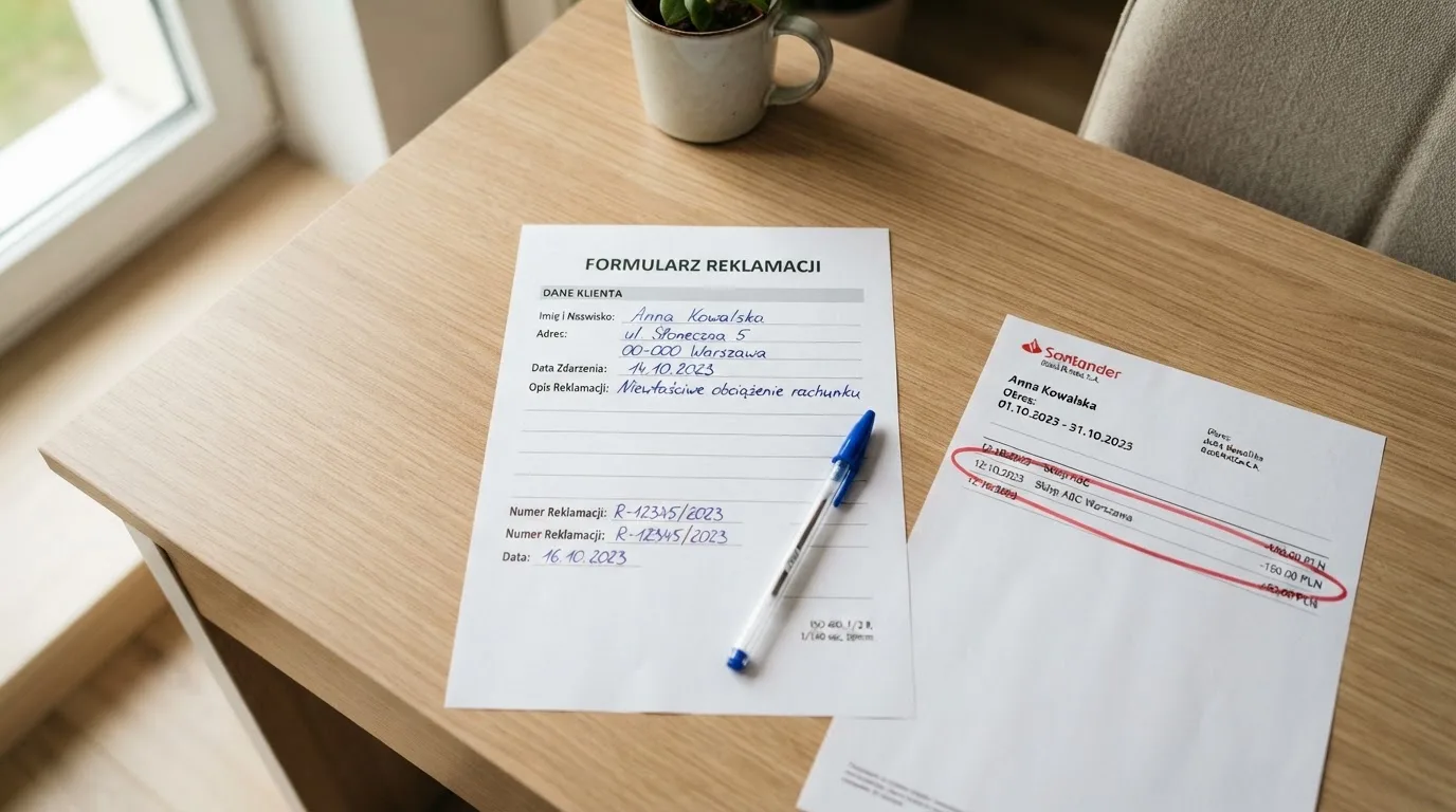 Wydrukowany formularz reklamacji leżący na biurku obok długopisu i wyciągu bankowego z zakreśloną pozycją