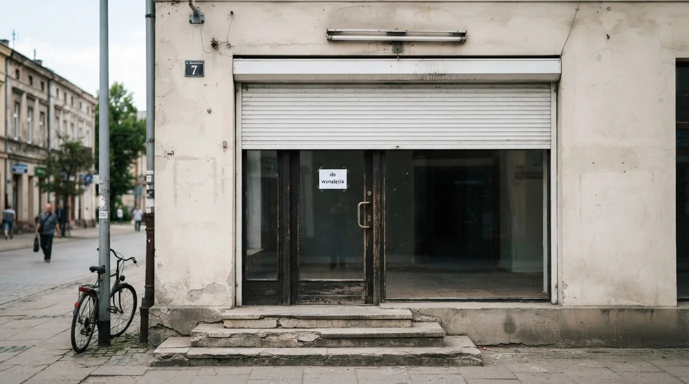 Pusty, zamknięty lokal handlowy z tabliczką „do wynajęcia”, symbolizujący brak działających salonów gry bingo pieniężne