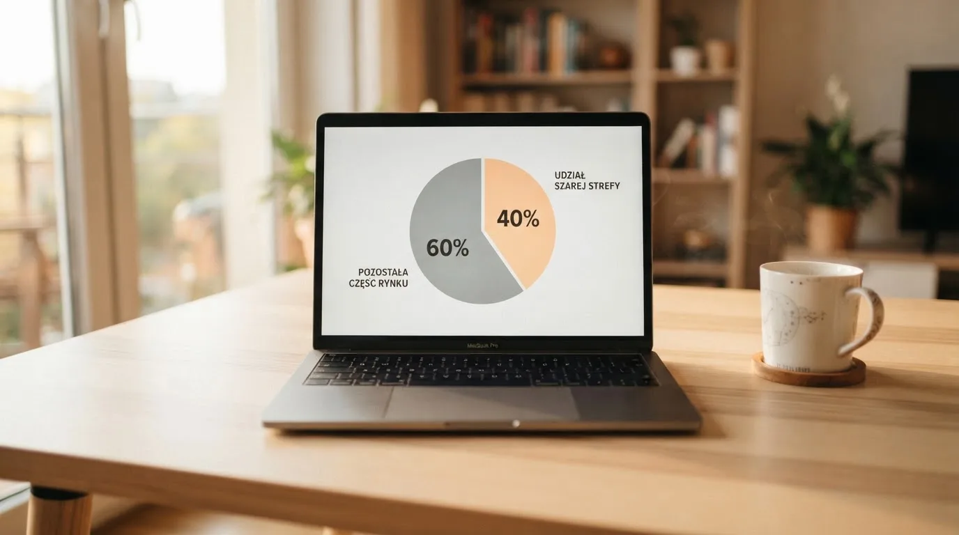 Laptop na biurku z prostym wykresem kołowym pokazującym udział szarej strefy, obok filiżanka kawy.