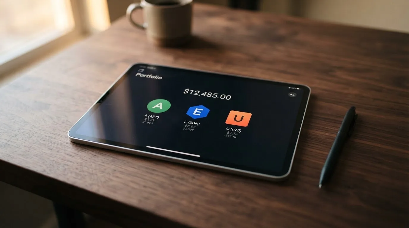 Tablet z trzema ikonami tokenów na ekranie aplikacji, obok długopis.