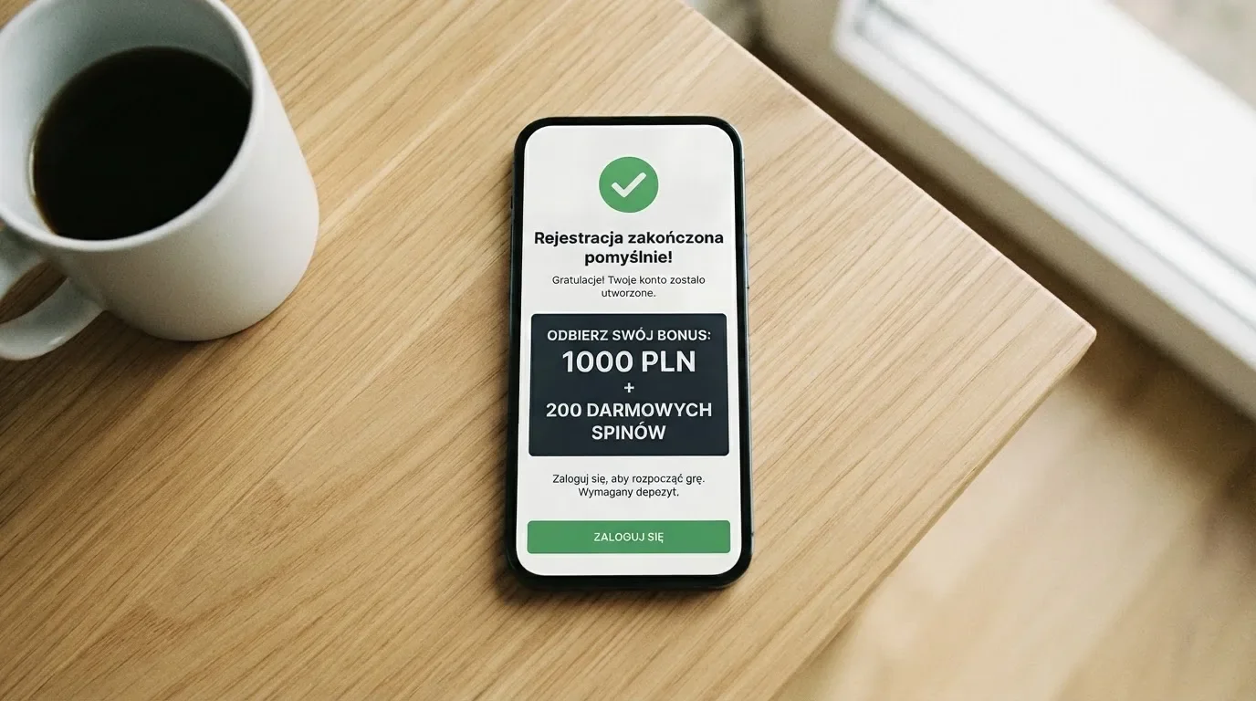 Ekran potwierdzenia założenia konta gracza w kasynie internetowym z komunikatem o bonusie startowym bez wpłaty
