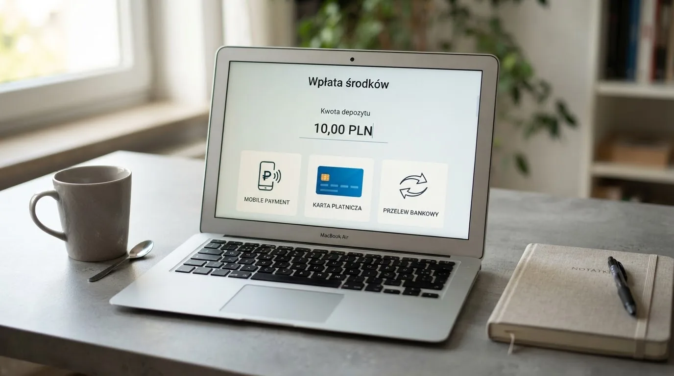 Laptop z otwartym oknem wpłaty na kwotę 10 zł i listą metod: BLIK, karta płatnicza, szybki przelew