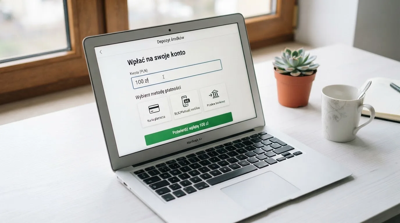 Laptop z oknem wpłaty na ePortfel, wpisana kwota 100 zł i lista metod: BLIK, karta płatnicza, szybki przelew