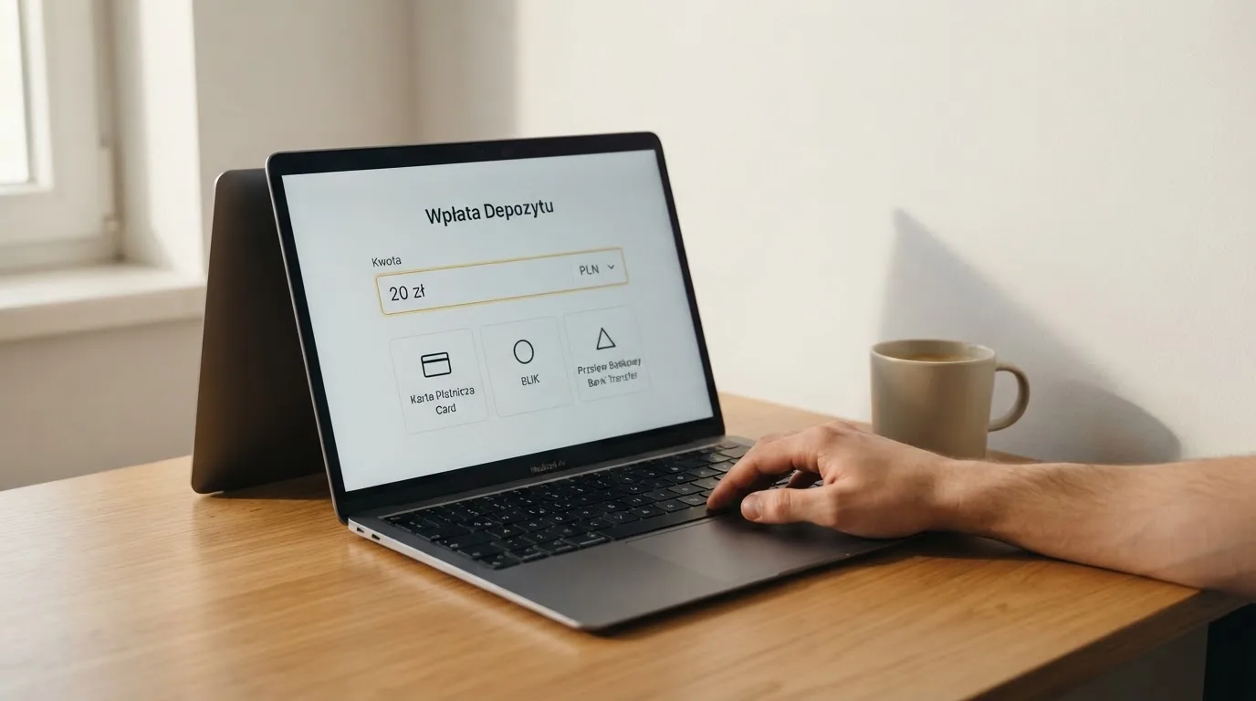 Laptop z otwartym formularzem wpłaty na kwotę 20 zł i wyborem między szybkim przelewem, kartą płatniczą a BLIK-iem